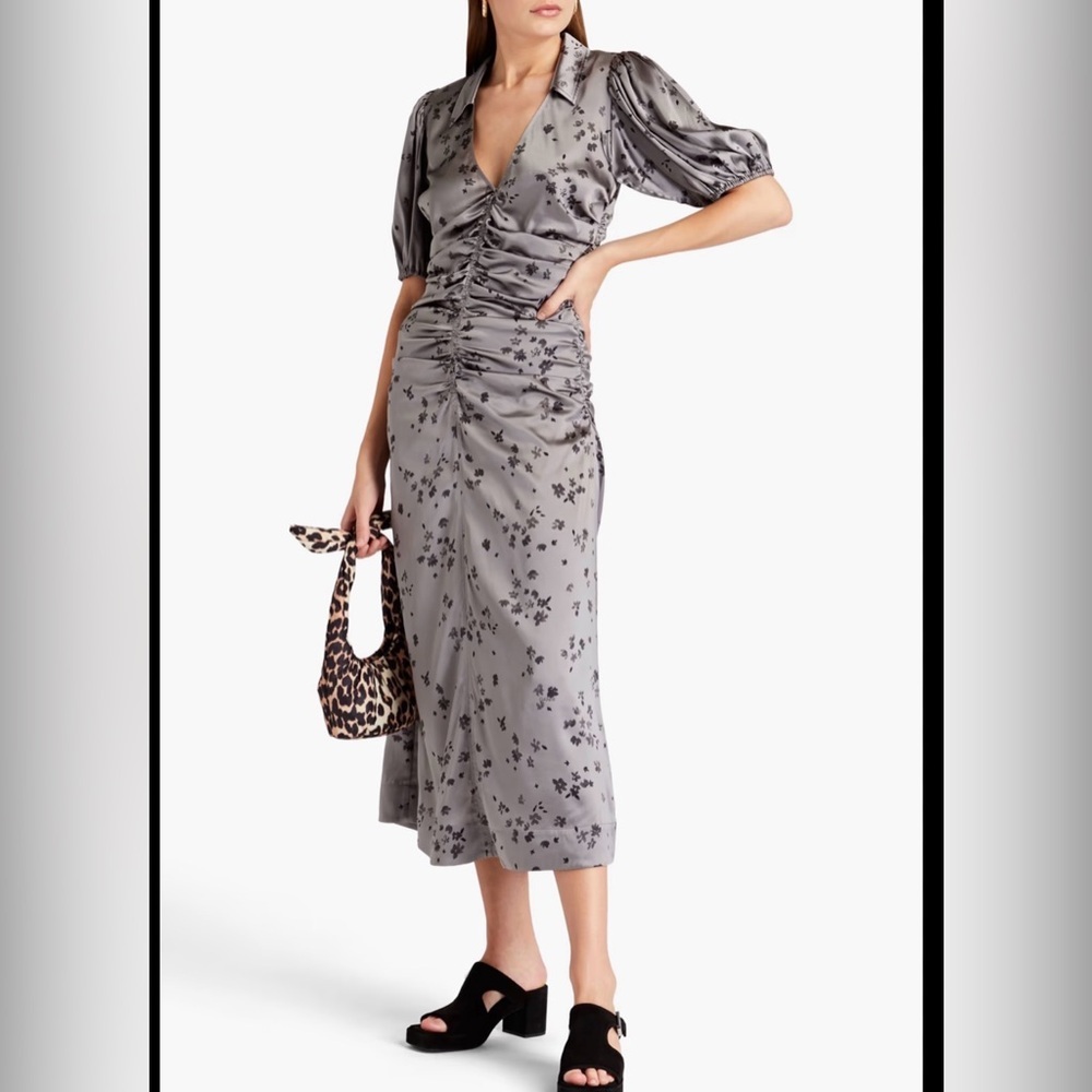 GANNI Floral Ruched Stretch Silk Midi Dress